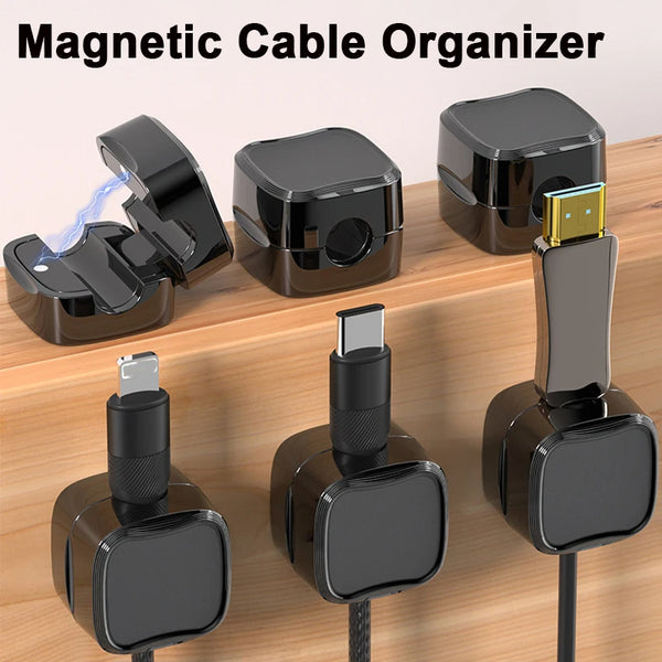 Magnetic cable organizer with various cable ends on a wooden surface
